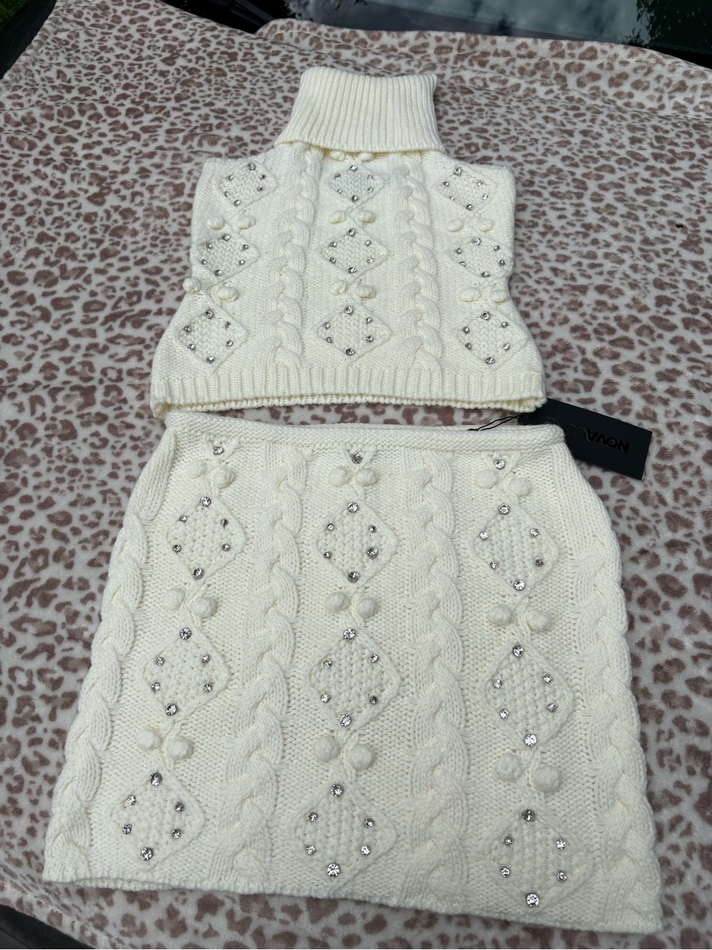 NWT Fashion Nova Cream Knit Embellished Two Piece Skirt and Top Set Size Small